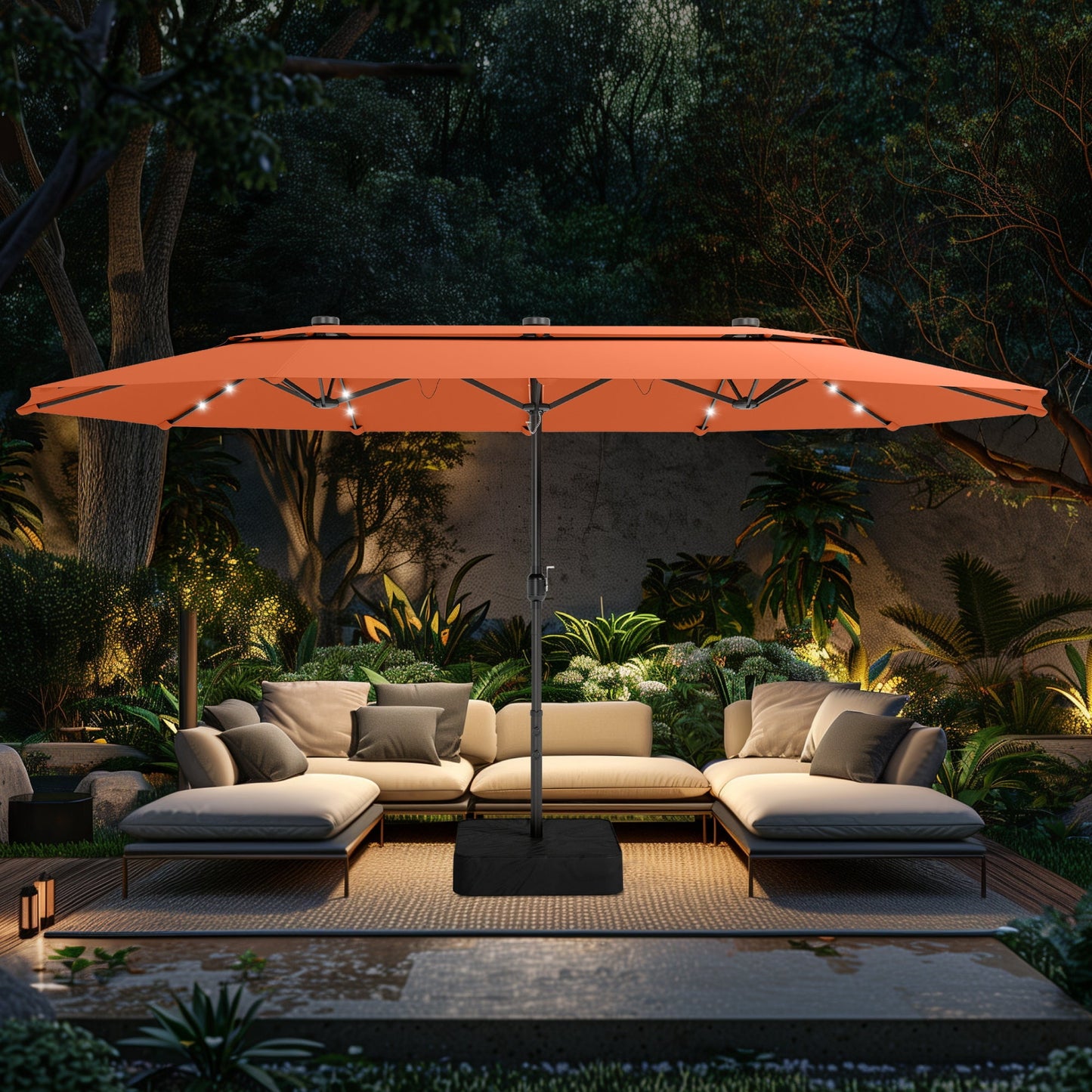 Alpha Joy 15ft Extra Large Outdoor Patio Umbrella Double-Sided Ventilation Umbrella with Led Lights & Umbrella Base, Orange Red