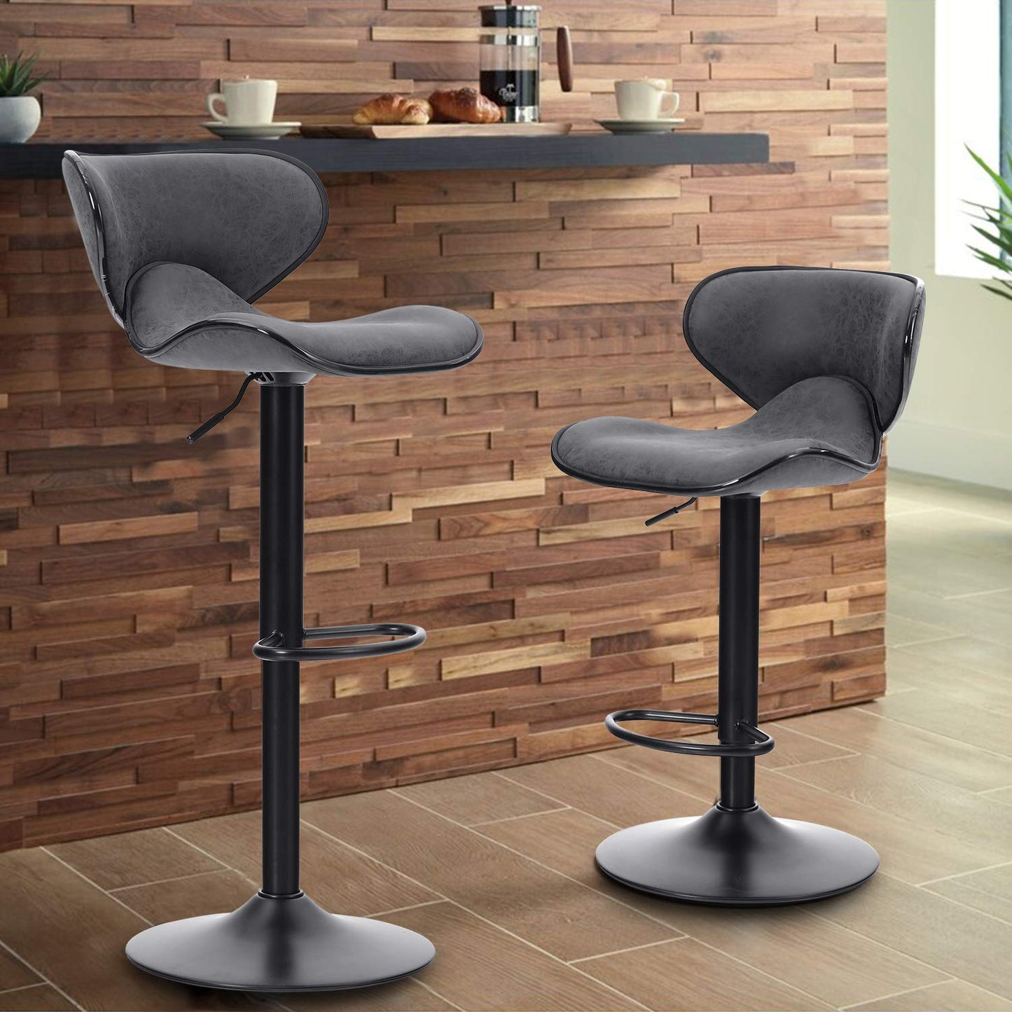 Sophia&William 2 Pieces Adjustable Height Swivel Bar Stools PU Leather Seat,Grey