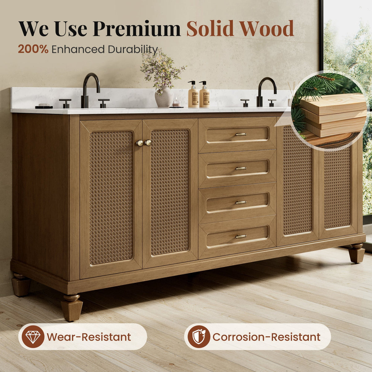 Sophia & William 72" Bathroom Vanity with Double Sink Freestanding Wood Bathroom Cabinet Vanity with 2 Adjustable Shlves, 1 Tip-out Drawers and 3 Pull-out Drawers, Light Oak