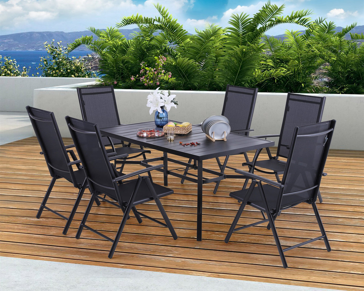 Sophia&William 7 Pcs Patio Dining Set Metal Table and Chairs Set for 6 People - Black