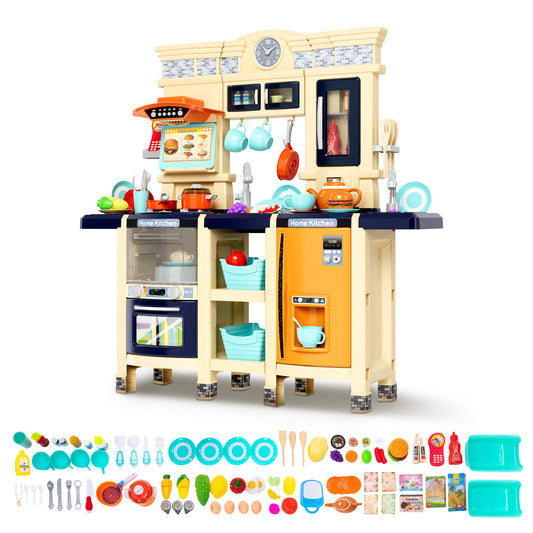 Sophia & William 87Pcs Pretend Play Kitchen 38.59Inch Toy Sets for Kids w/Realistic Sounds & Lights, Microwave Oven, Range Hood, Faucet, Cooking Stove, Sink, Navy Blue