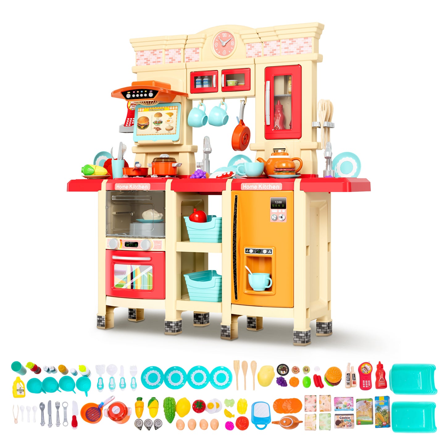 Sophia & William 87Pcs Pretend Play Kitchen 38.59Inch Toy Sets for Kids w/Realistic Sounds & Lights, Microwave Oven, Range Hood, Faucet, Cooking Stove, Sink, Red