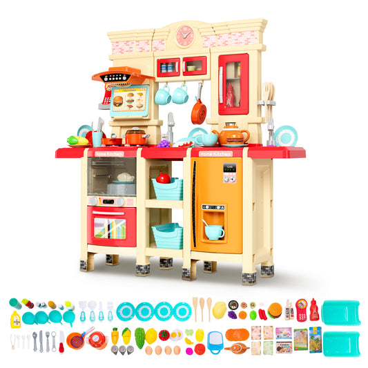 Sophia & William 87Pcs Pretend Play Kitchen 38.59Inch Toy Sets for Kids w/Realistic Sounds & Lights, Microwave Oven, Range Hood, Faucet, Cooking Stove, Sink, Red