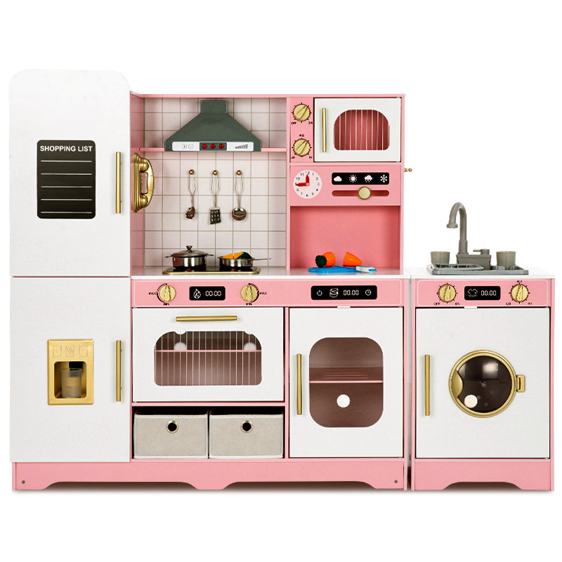 Alpha Joy Pretend Play Kitchen Large Wooden Toy Sets for Kids w/Realistic Sounds & Lights, Oven, Range Hood, Faucet, Sink, Cooking Accessories, Utensils, Pink