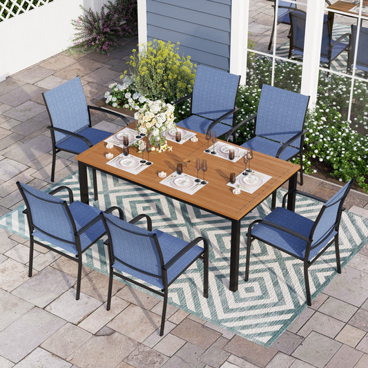 Sophia & William 7 Piece Patio Dining Set Teak Dining Table and 6 Blue Textilene Chairs