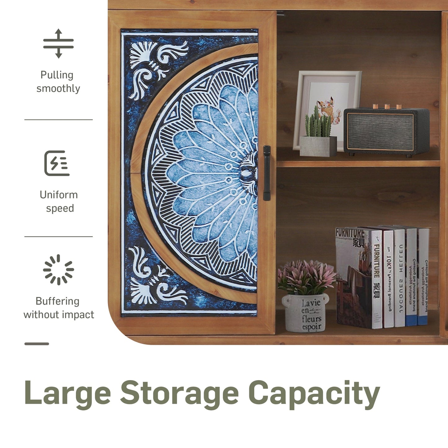 Alpha Joy 2-Door Accent Cabinet with Blue and White Porcelain Pattern, Entryway Cabinet with Shelves, Blue & White
