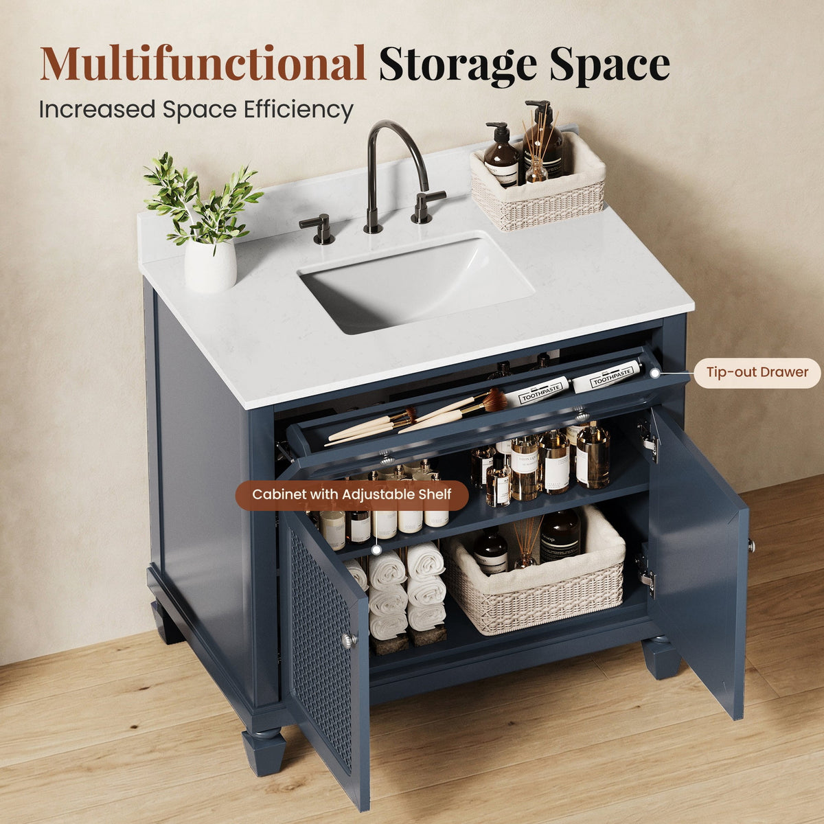 Sophia & William 36" Bathroom Vanity with 7.1" Deep Sink Freestanding Wood Bathroom Cabinet Vanity with 2 Doors, Midnight Blue