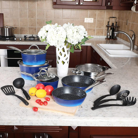 Sophia & William 15 Pieces Kitchen Nonstick Granite-Coated Cookware Set - Blue