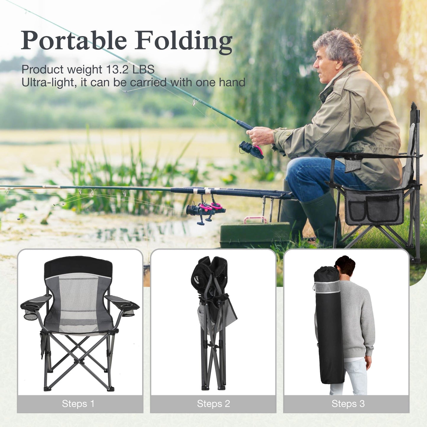 Sophia & William 2 Pack Oversized Camping Chair Portable Mesh Folding Chair with Cup Holder Supports Up to 450Lbs for Outdoor, Fishing, Beach, Backyard， Black