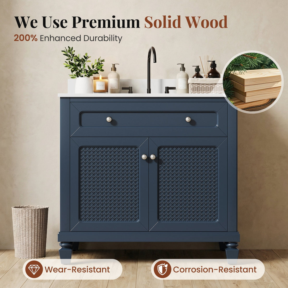 Sophia & William 36" Bathroom Vanity with 7.1" Deep Sink Freestanding Wood Bathroom Cabinet Vanity with 2 Doors, Midnight Blue