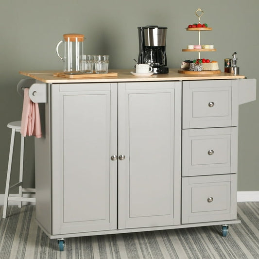 Sophia & William 44" Kitchen Island Carts on Wheels with Storage Cabinet,3 Drawers, Towel and Spice Rack-Gray