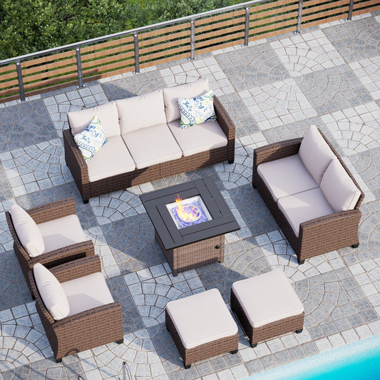 Sophia & William 9-seat Rattan Patio Converation Set with CSA Approved Fire Pit Table