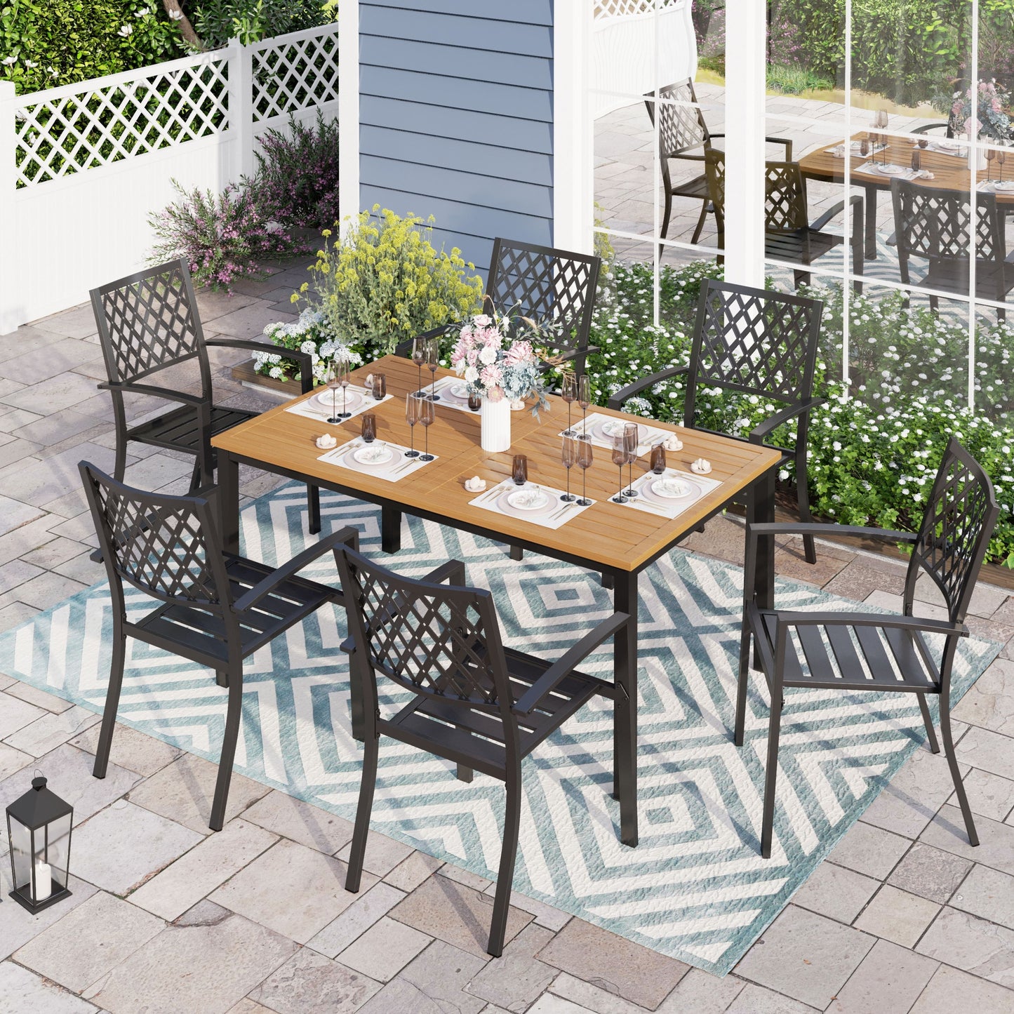 Sophia & William 7-Piece Outdoor Patio Dining Set Metal Chairs and Teak-grain Table Set