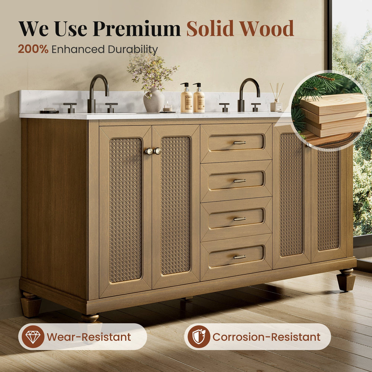 Sophia & William 60" Bathroom Vanity with Double Sink Freestanding Wood Bathroom Cabinet Vanity with 2 Doors of Adjustable Shlves, 2 Pull-out Drawers and 1 Elevated Drawer, Light Oak