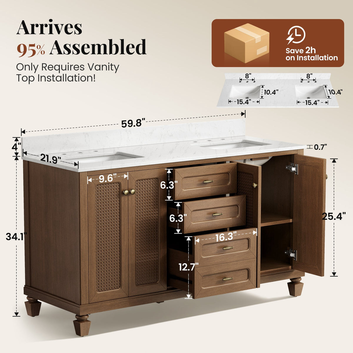 Sophia & William 60" Bathroom Vanity with Double Sink Freestanding Wood Bathroom Cabinet Vanity with 2 Doors of Adjustable Shlves, 2 Pull-out Drawers and 1 Elevated Drawer, Hickory