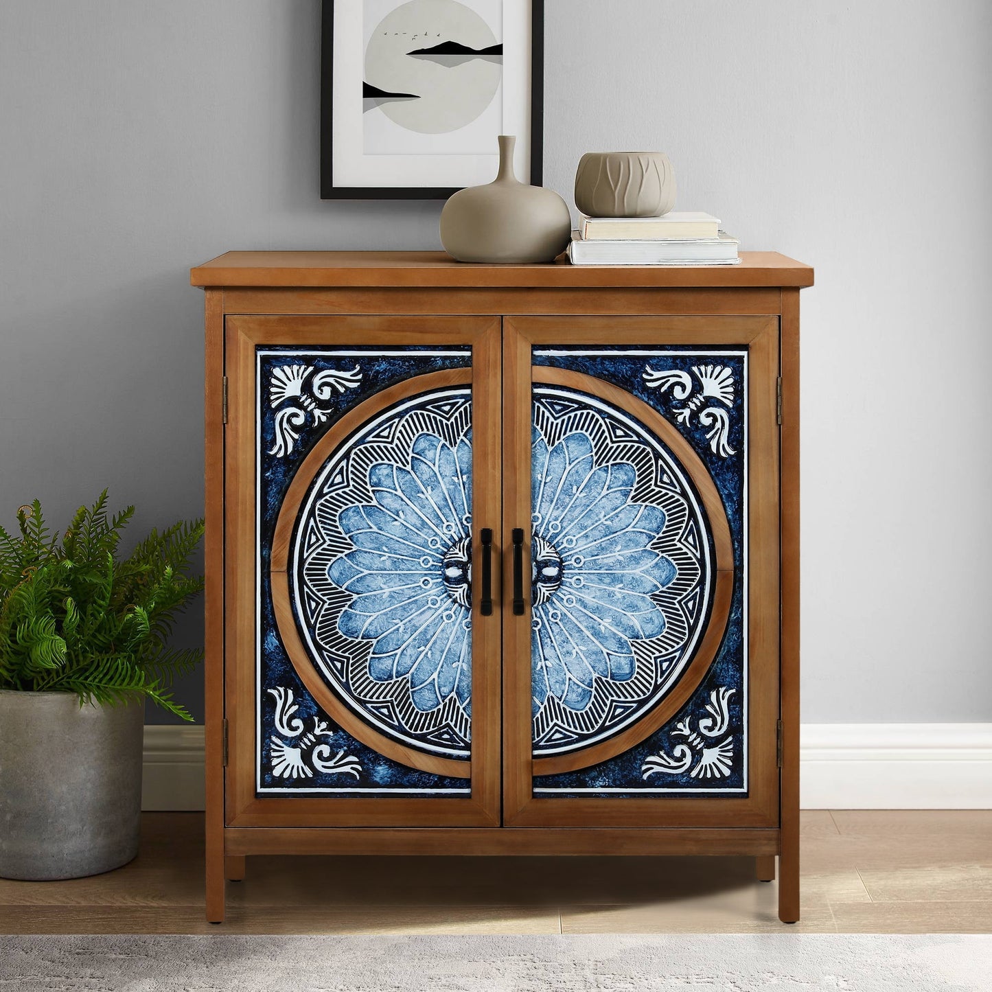Alpha Joy 2-Door Accent Cabinet with Blue and White Porcelain Pattern, Entryway Cabinet with Shelves, Blue & White