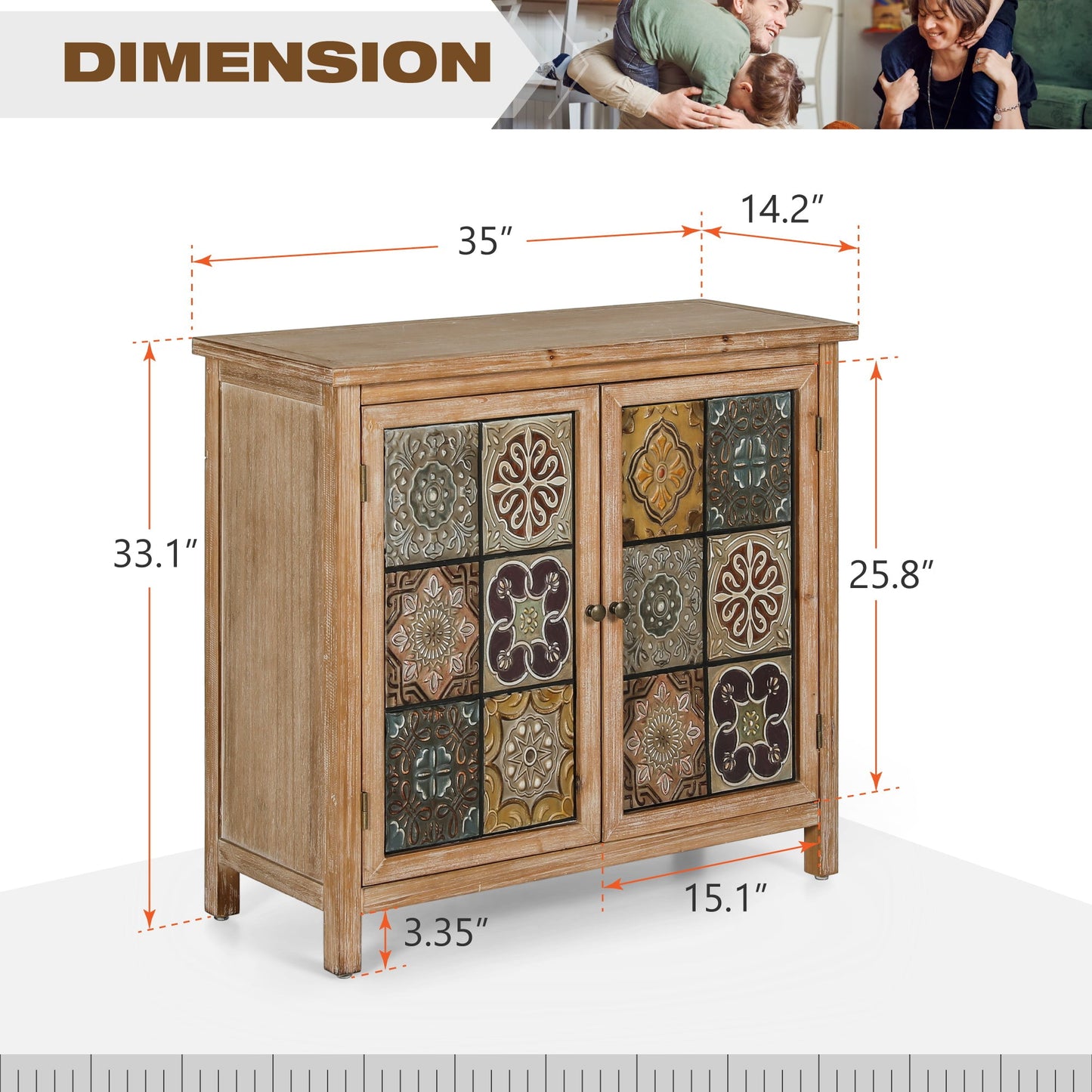 Alpha Joy 2-Door Accent Distressed Cabinet with Large Interior Storage, Retro Storage Cabinet with 2 Doors & Wood Frame, Checkered Patterns for Living Room, Entryway
