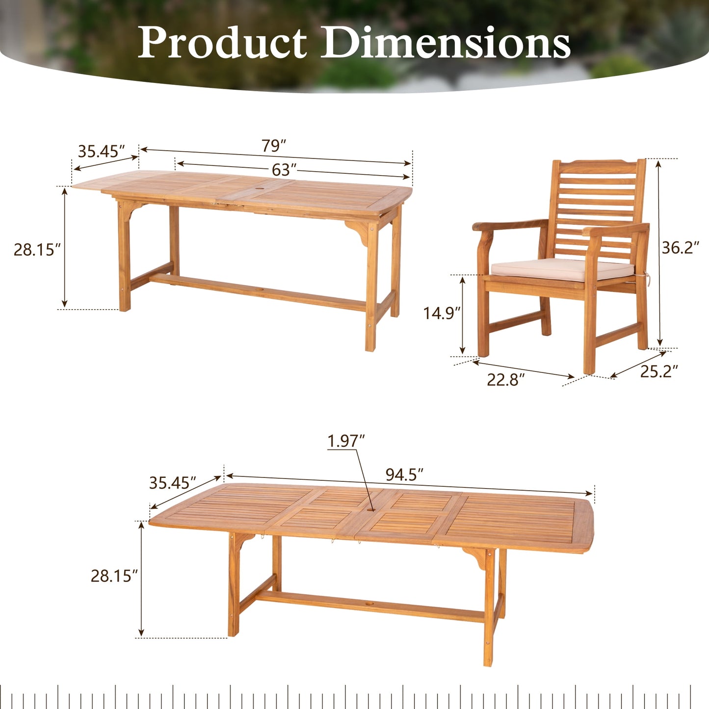Sophia & William 7 Pieces Patio Dining Set Acacia Wood Outdoor Furniture Set Expandable Table and Natural Wood Chairs with Cushions for Lawn, Garden, Backyard