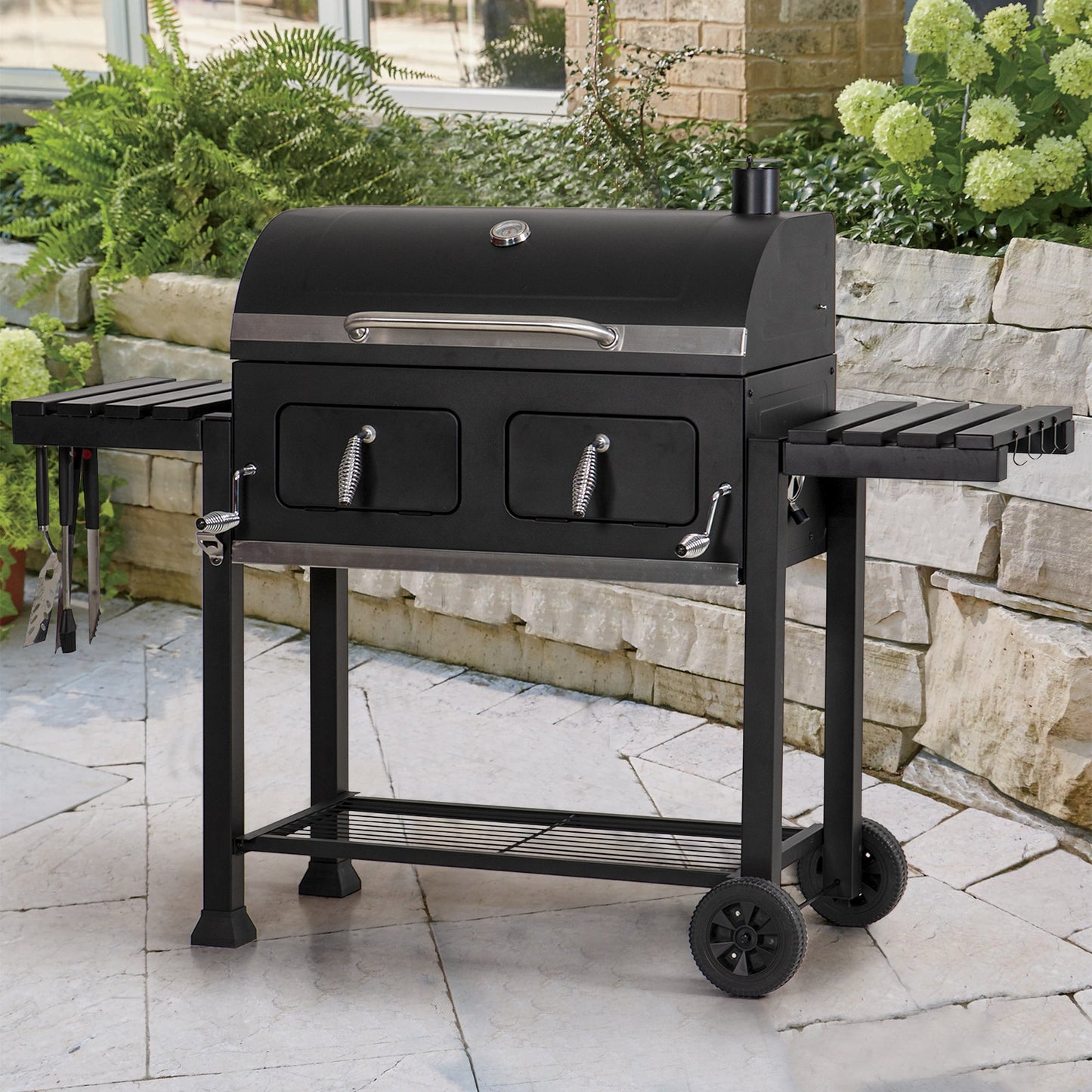 Sophia & William Extra Large Charcoal BBQ Grills with 794 SQ.IN. Cooking Area, Outdoor Barbecue Grill with Dual-Zone Individual & Adjustable Charcoal Tray and 2 Foldable Side Table, Black