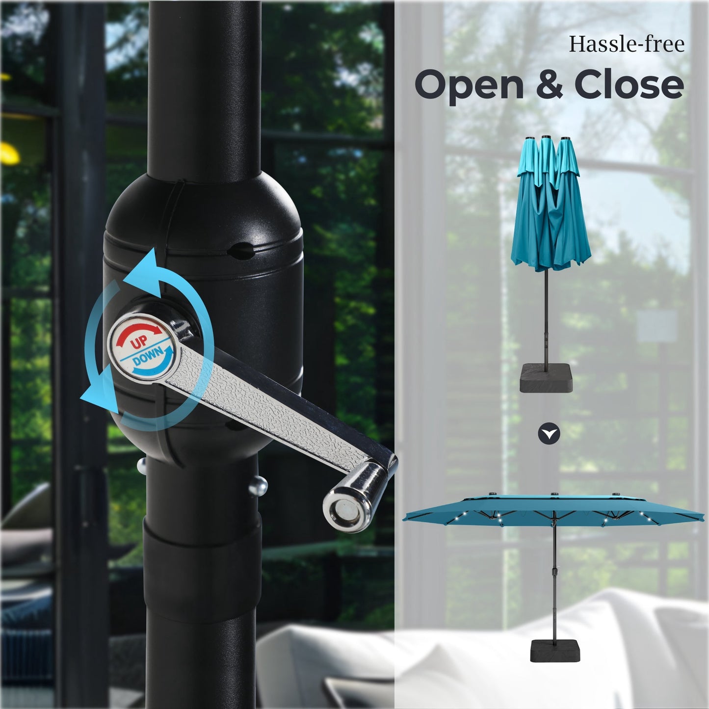 Alpha Joy 15ft Dual-Layer Extra Large Outdoor Patio Umbrella Double-Sided Ventilation Umbrella with Led Lights & Umbrella Base, Blue & Green