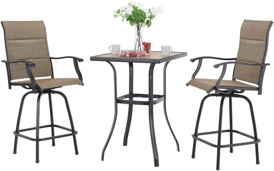 Sophia & William 3 Pieces Outdoor Metal Bar Stools and Table Set, Brown
