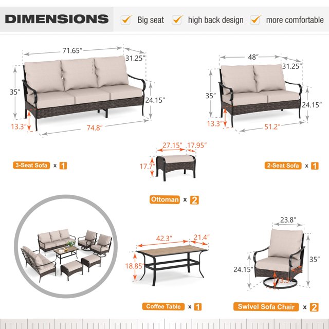 Sophia & William 7 Piece Metal Patio Conversation Sofa Set 9-Seat Outdoor Sectionals