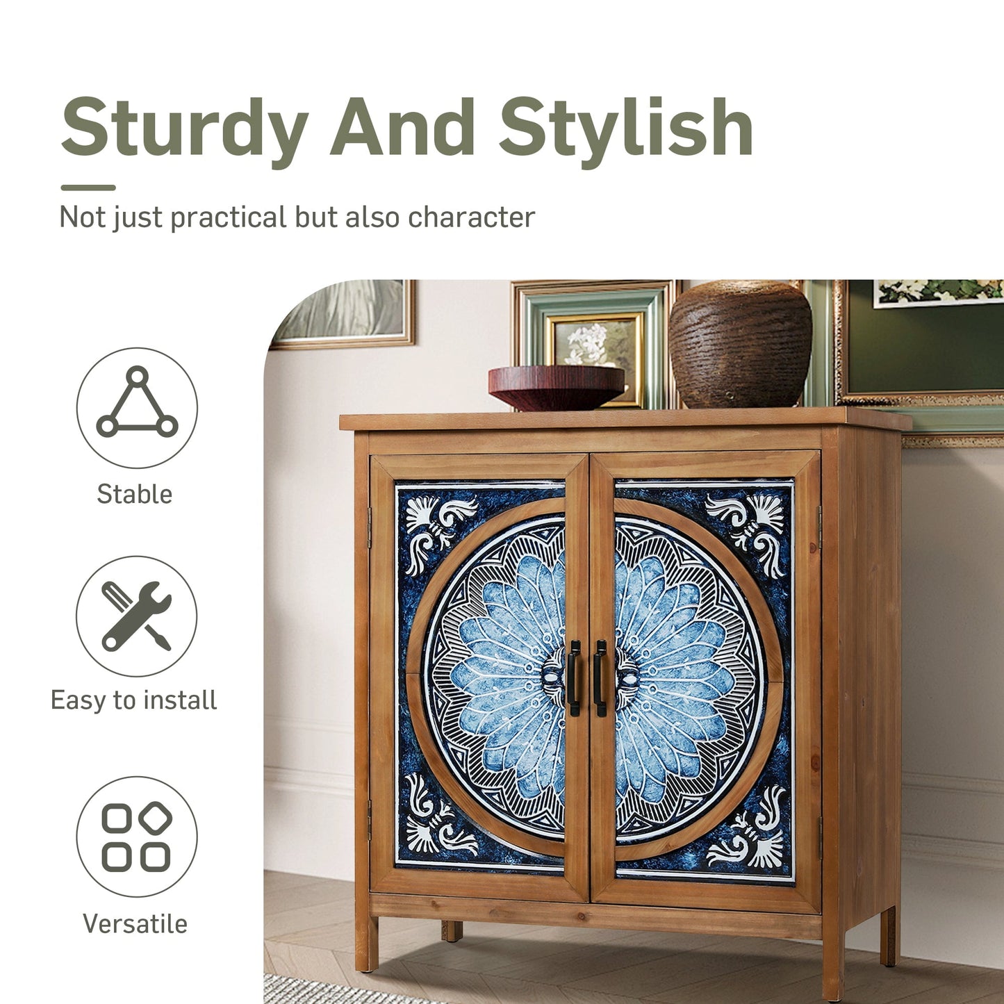 Alpha Joy 2-Door Accent Cabinet with Blue and White Porcelain Pattern, Entryway Cabinet with Shelves, Blue & White