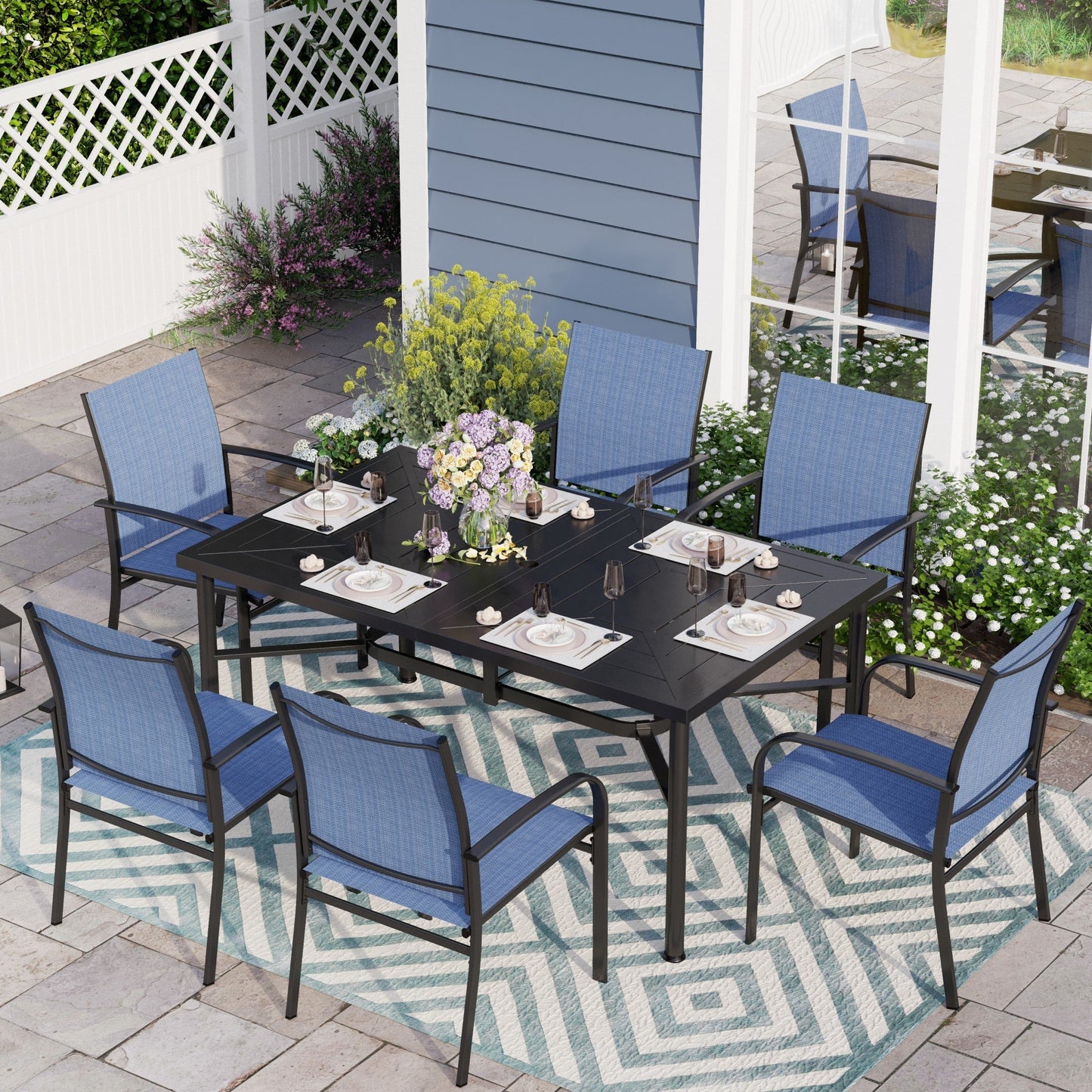 Sophia & William 7 Piece Patio Metal Dining Set Rectangular Patio Dining Table and 6 Blue Textilene Chairs