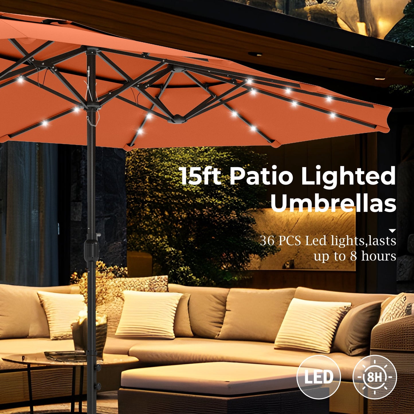 Alpha Joy 15ft Extra Large Outdoor Patio Umbrella Double-Sided Ventilation Umbrella with Led Lights & Umbrella Base, Orange Red