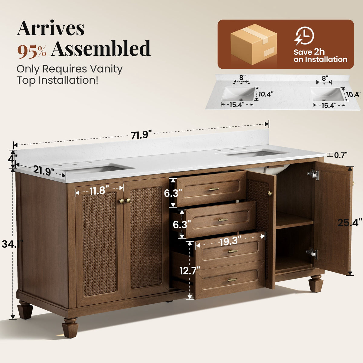 Sophia & William 72" Bathroom Vanity with Double Sink Freestanding Wood Bathroom Cabinet Vanity with 2 Doors of Adjustable Shlves, 2 Pull-out Drawers and 1 Elevated Drawer, Hickory