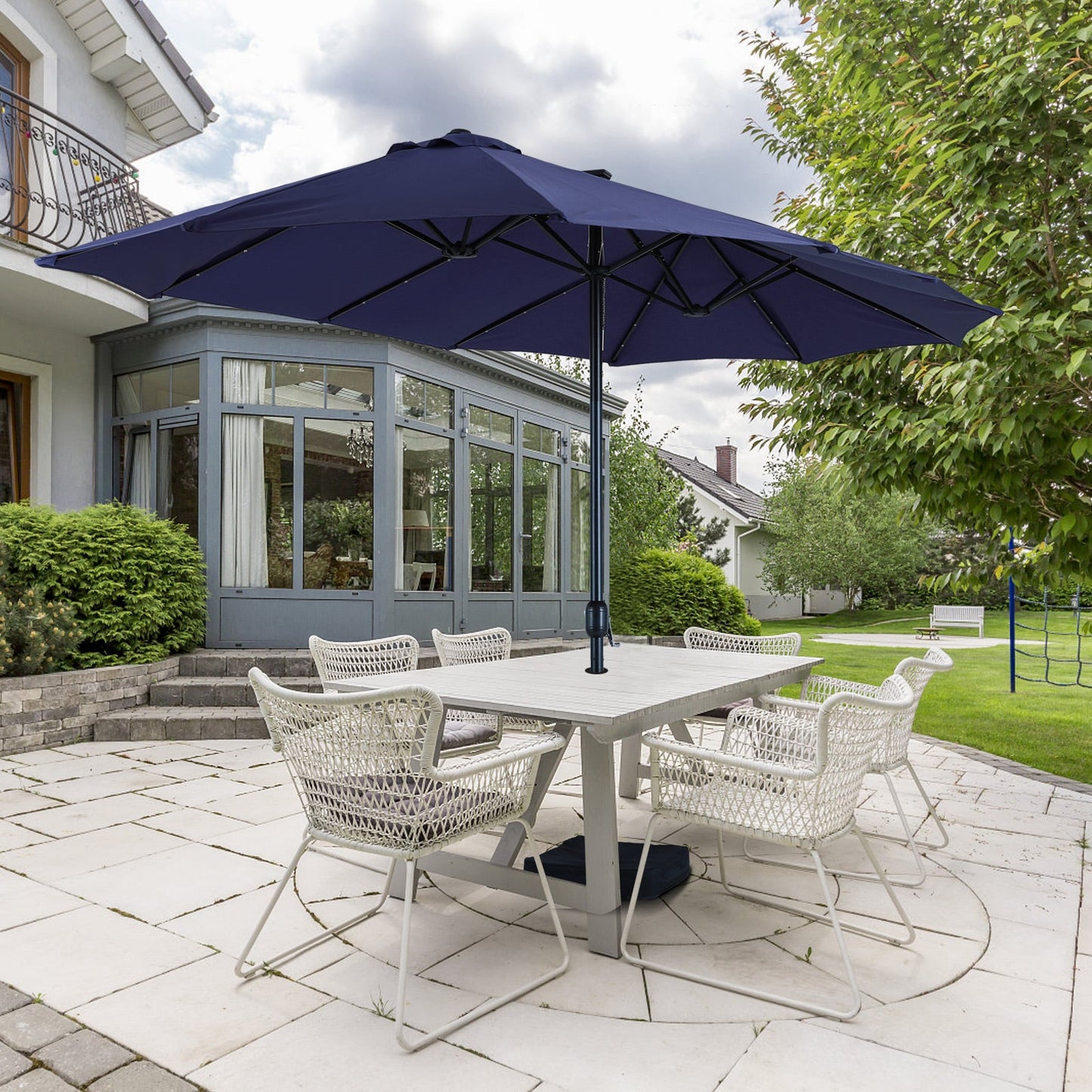 Sophia & William 15ft Patio Umbrella with Lights (Base Included), Extra Large Outdoor Double-sided Umbrella, Navy