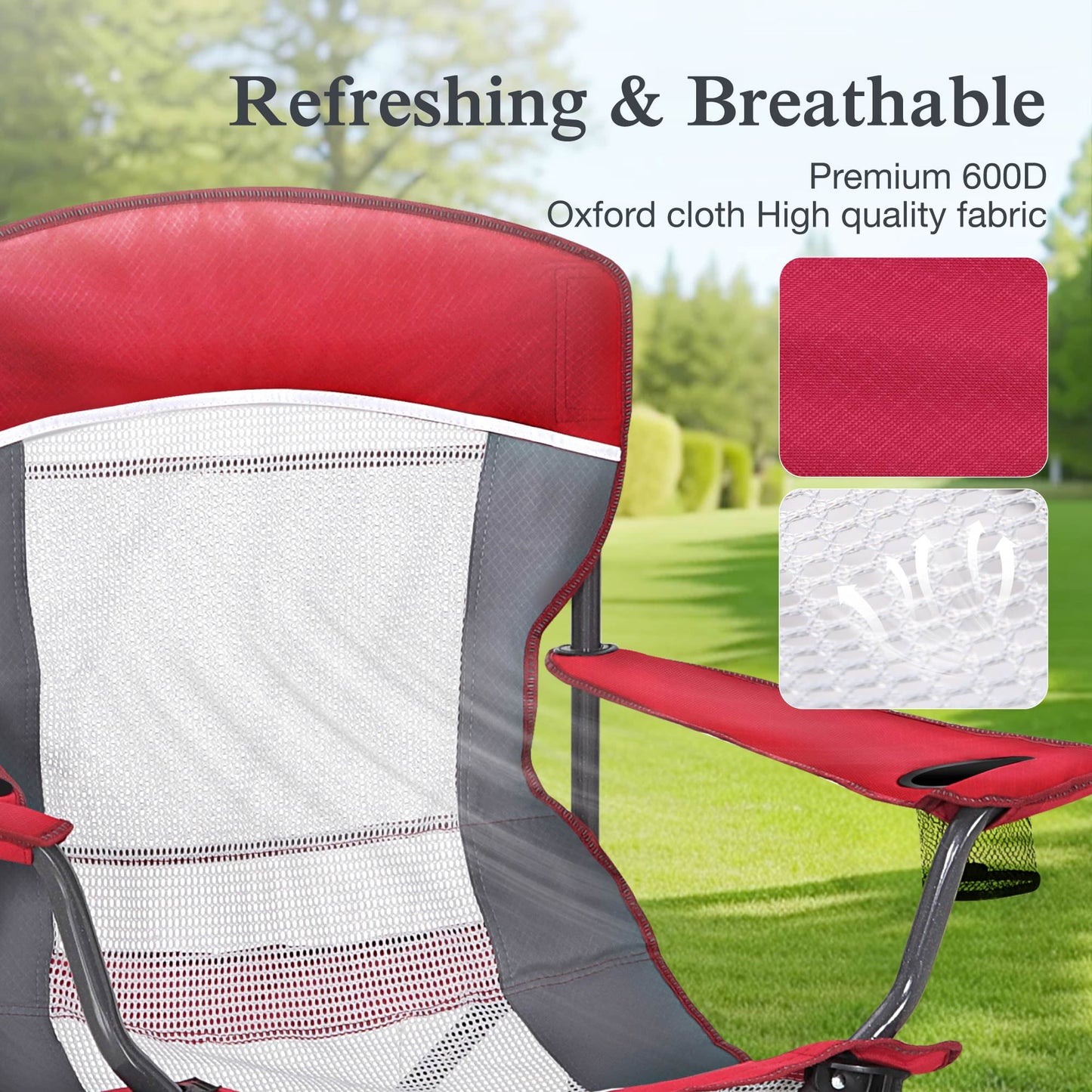 Sophia & William Oversized Camping Chair Portable Mesh Folding Chair with Cup Holder Supports Up to 450Lbs for Outdoor, Fishing, Beach, Backyard， Red