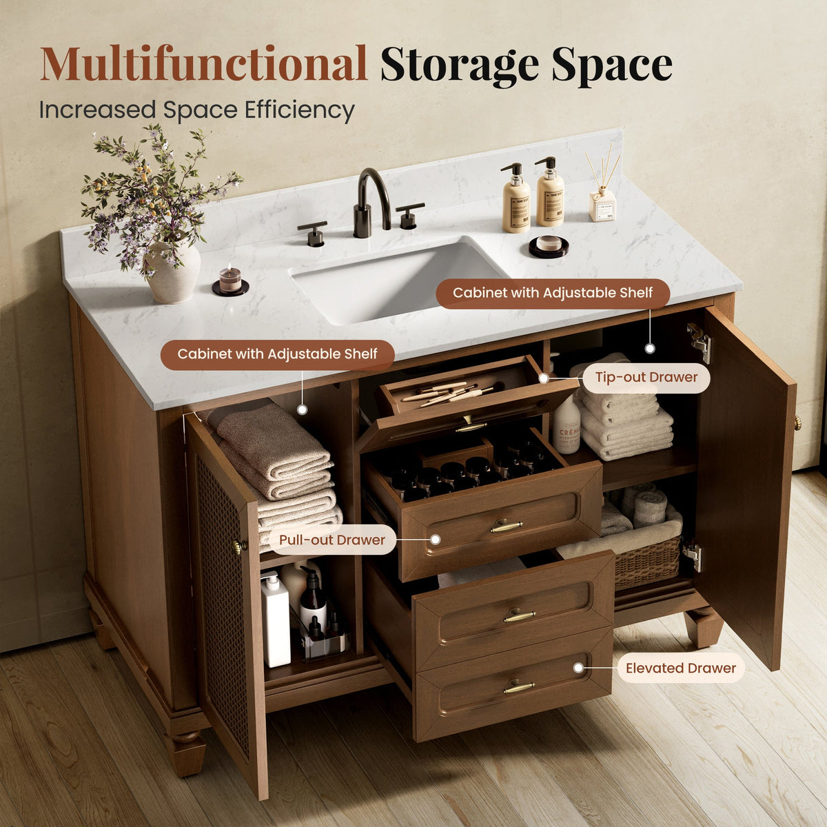 Sophia & William 48" Bathroom Vanity with Sink Freestanding Wood Bathroom Cabinet Vanity with 2 Doors of Adjustable Shlves, 1 Tip-out Drawers, 2 Pull-out Drawers and 1 Elevated Drawer, Light Oak