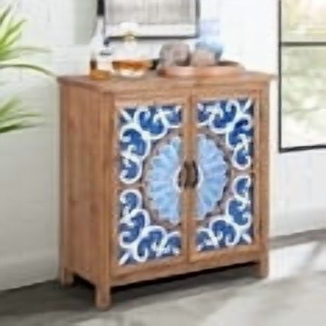 Alpha Joy Rustic 2-Door Accent Cabinet, Wood Storage Cabinet with Shelves in Porcelain Pattern for Entryway, Dining Room, Blue & White