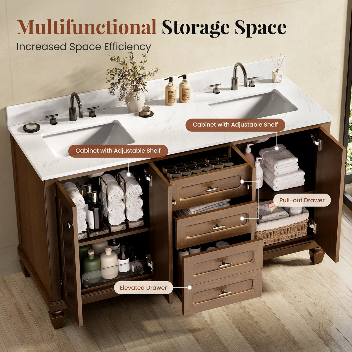 Sophia & William 60" Bathroom Vanity with Double Sink Freestanding Wood Bathroom Cabinet Vanity with 2 Doors of Adjustable Shlves, 2 Pull-out Drawers and 1 Elevated Drawer, Hickory