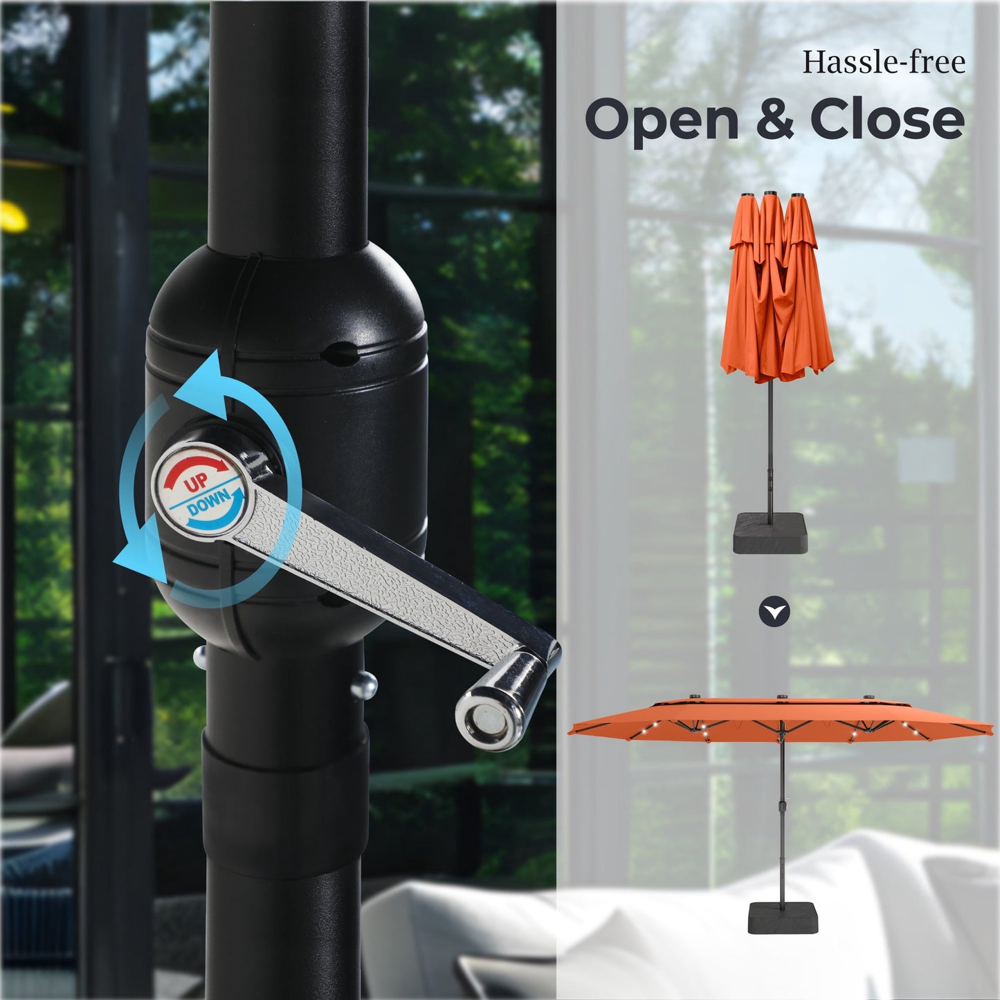 Alpha Joy 15ft Extra Large Outdoor Patio Umbrella Double-Sided Ventilation Umbrella with Led Lights & Umbrella Base, Orange Red