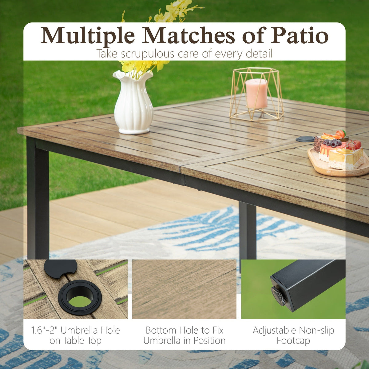Sophia & William 7 Pieces Outdoor Patio Dining Set Wooden-like Metal Table and Acacia Wood Patio Chairs with Cushions for Lawn, Garden, Backyard