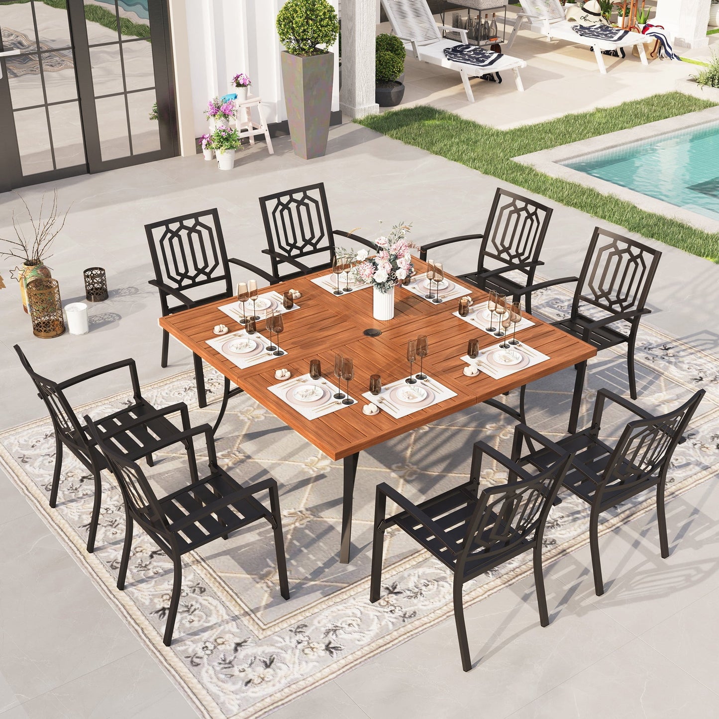 Sophia & William 9 Piece Outdoor Metal Patio Dining Set 60" Teak Wood Square Table and Chairs Furniture Set for 8, Brown