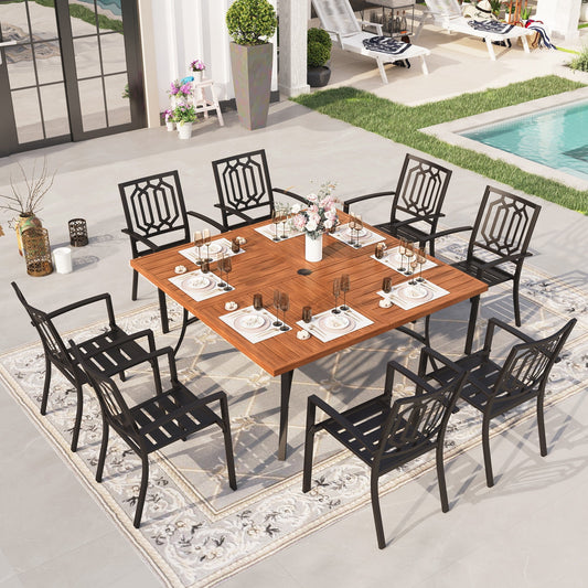 Sophia & William 9 Piece Outdoor Metal Patio Dining Set 60" Teak Wood Square Table and Chairs Furniture Set for 8, Brown