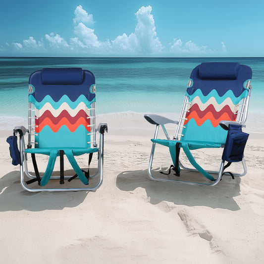 Alpha Joy Set of 2 Aluminum Portable Folding Beach Chairs Outdoor Lounge Chair with 4 Adjustable Positions & Cooler Bag, Wave Pattern, Blue