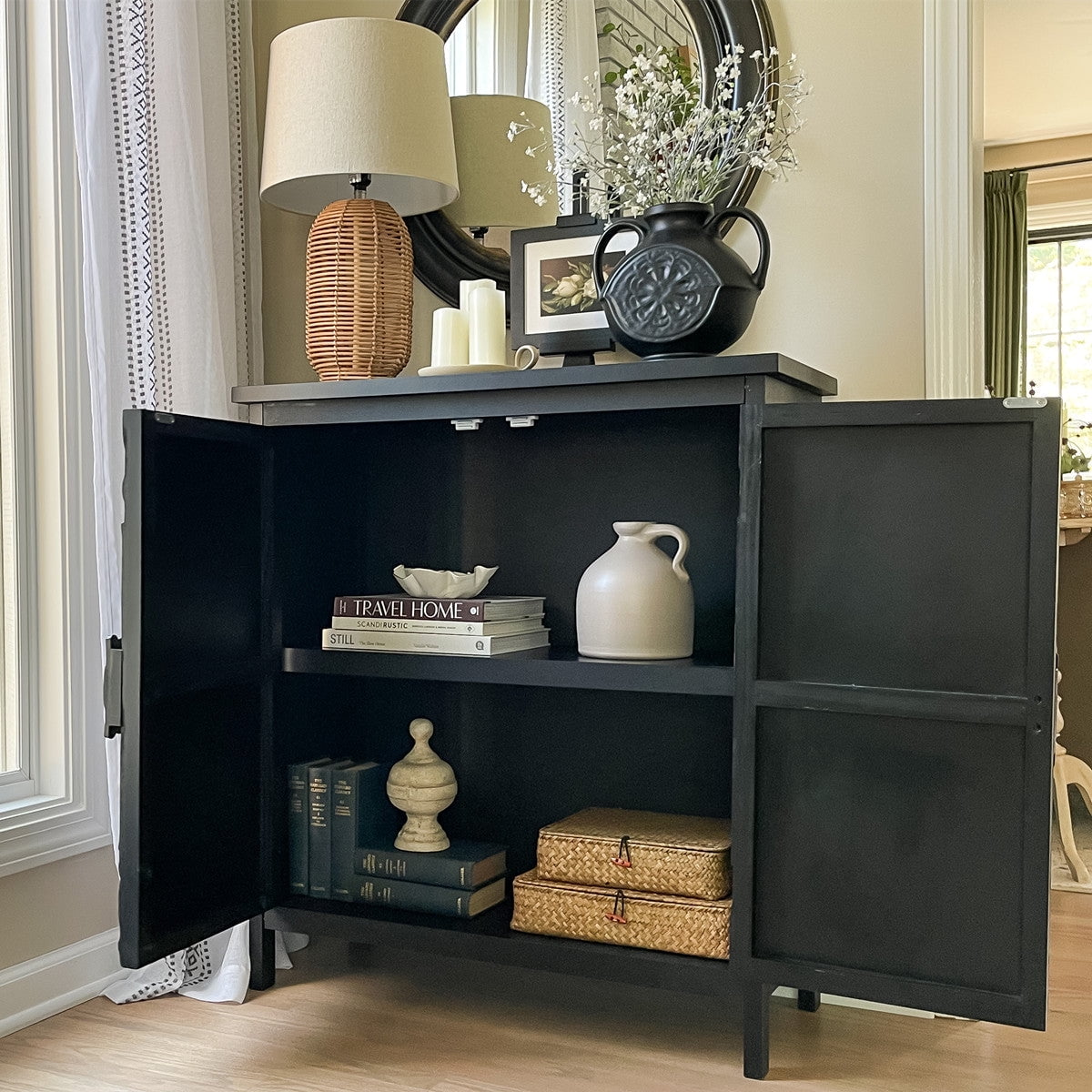 Alpha Joy Accent Cabinet with 2 Doors, Wood Entryway Cabinet with Flower Pattern in Wood Frame for Living Room, Dining Room, Black