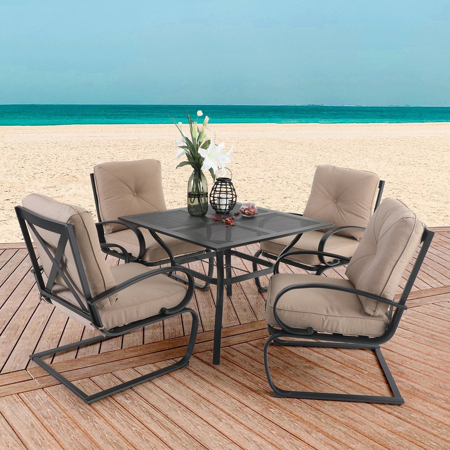 Sophia&William 5-Piece Patio Dining Set Steel Frame Cushion Padded Conversation Set, Beige