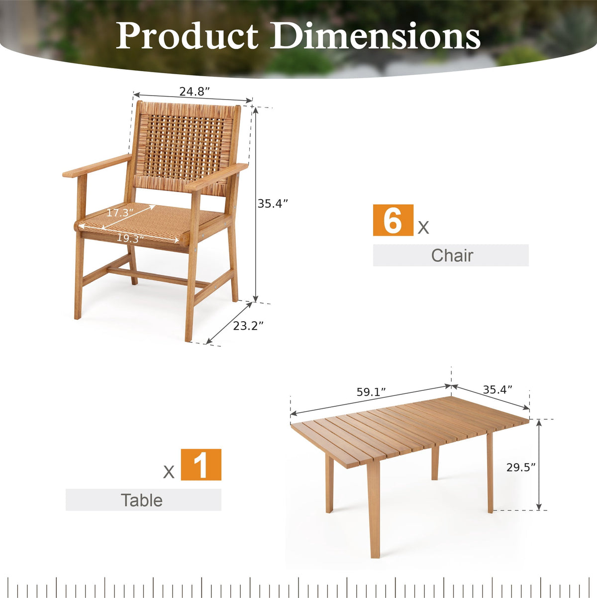 Sophia & William 7 Pieces Acacia Wood Outdoor Patio Dining Set Wicker Rattan Chairs and Rectangle Table Furniture Set for Lawn, Garden, Backyard