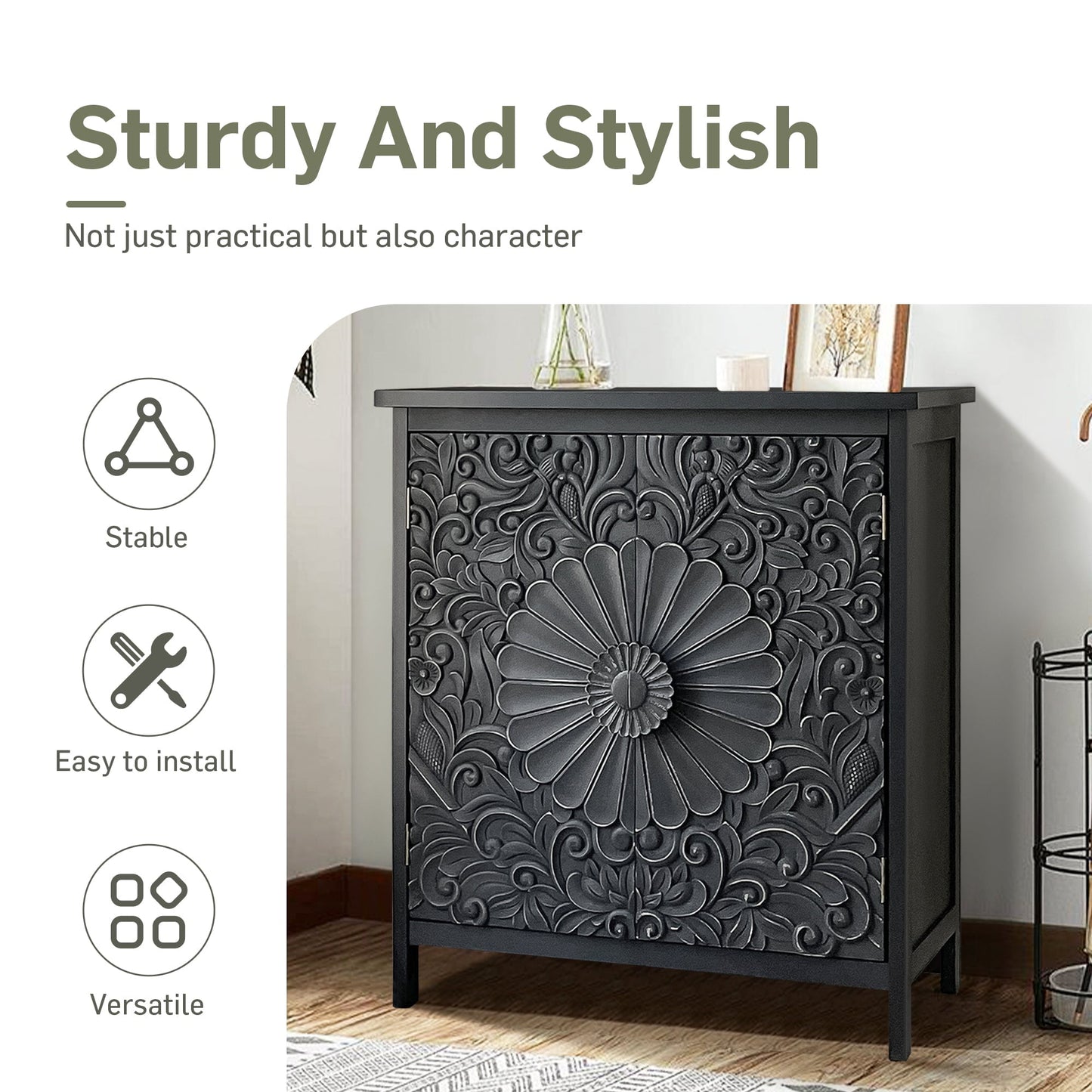 Alpha Joy Accent Cabinet with 2 Doors, Wood Entryway Cabinet with Flower Pattern in Wood Frame for Living Room, Dining Room, Black
