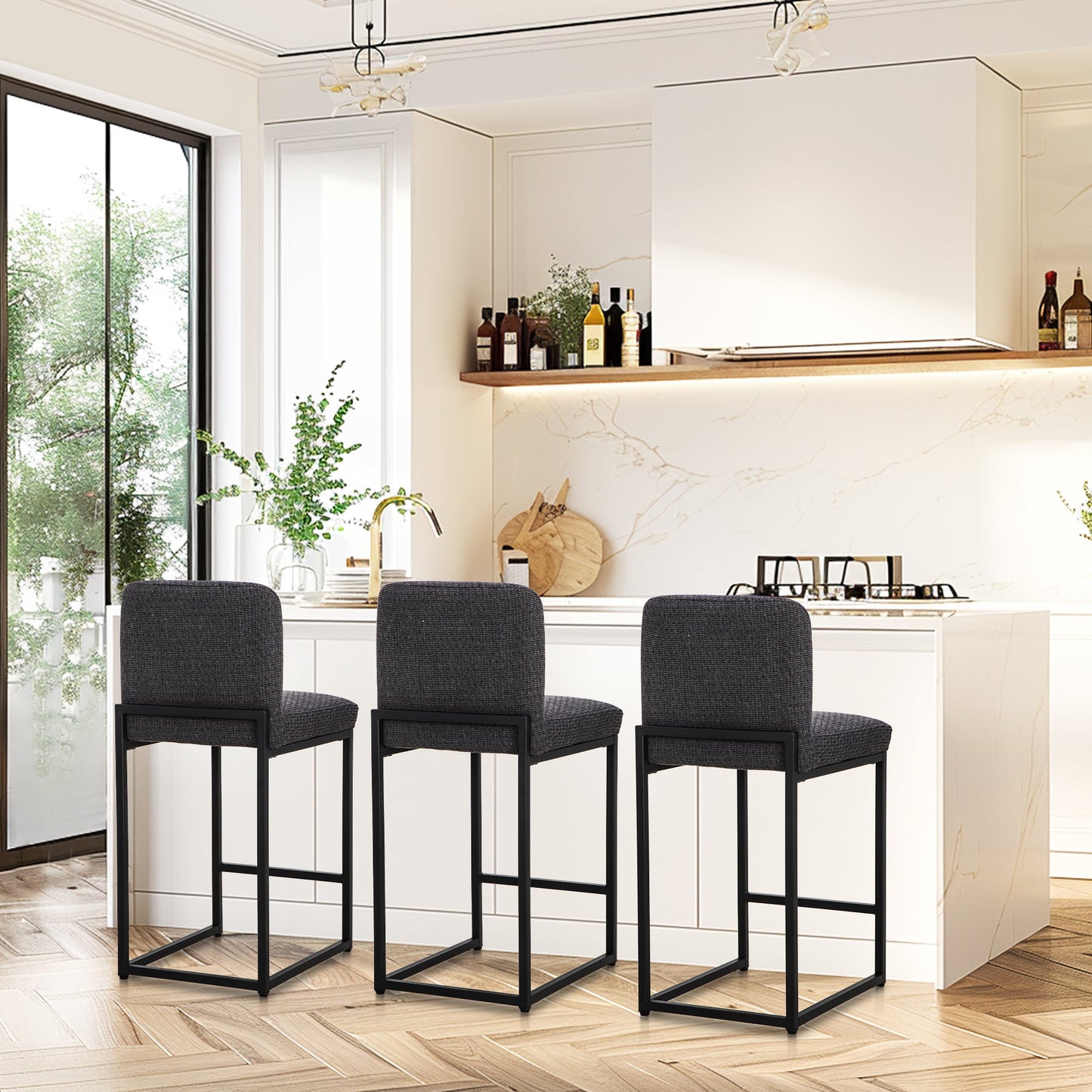 Sophia & William Counter Height Bar Stools with High Backrest 2 Pack Soft & Durable Chenille Fabric Bar Stools for Kitchen Island, Grayish Black