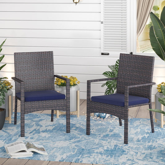 Sophia & William Patio Rattan Dining Chairs Set of 2 with Blue Cushions, Dark Brown