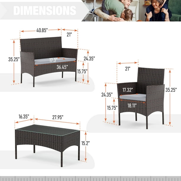 Sophia & William 4 Piece Wicker Outdoor Patio Conversation Set, Light Grey