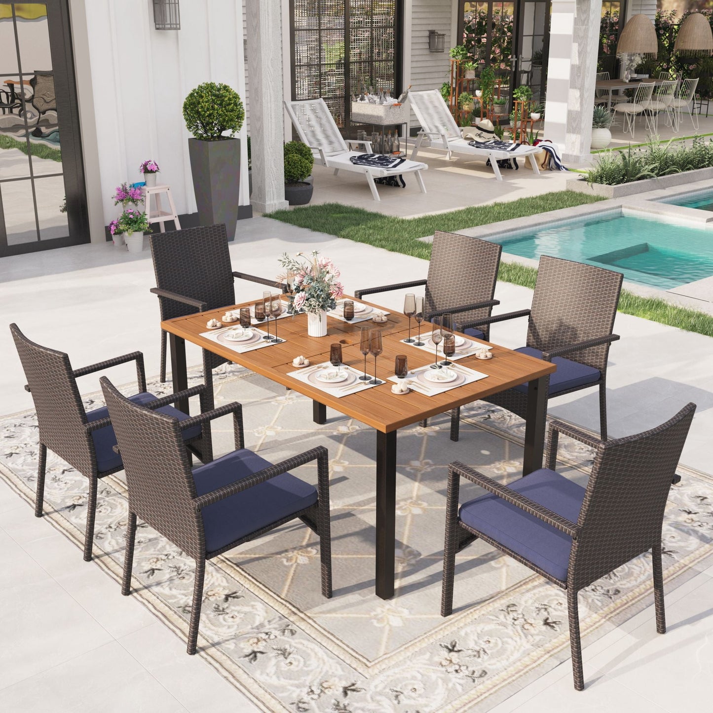 Sophia & William 7-Piece Outdoor Patio Dining Set Rattan Chairs and Rectangle Table Set for 6