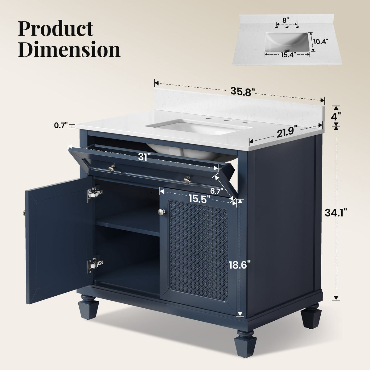Sophia & William 36" Bathroom Vanity with 7.1" Deep Sink Freestanding Wood Bathroom Cabinet Vanity with 2 Doors, Midnight Blue