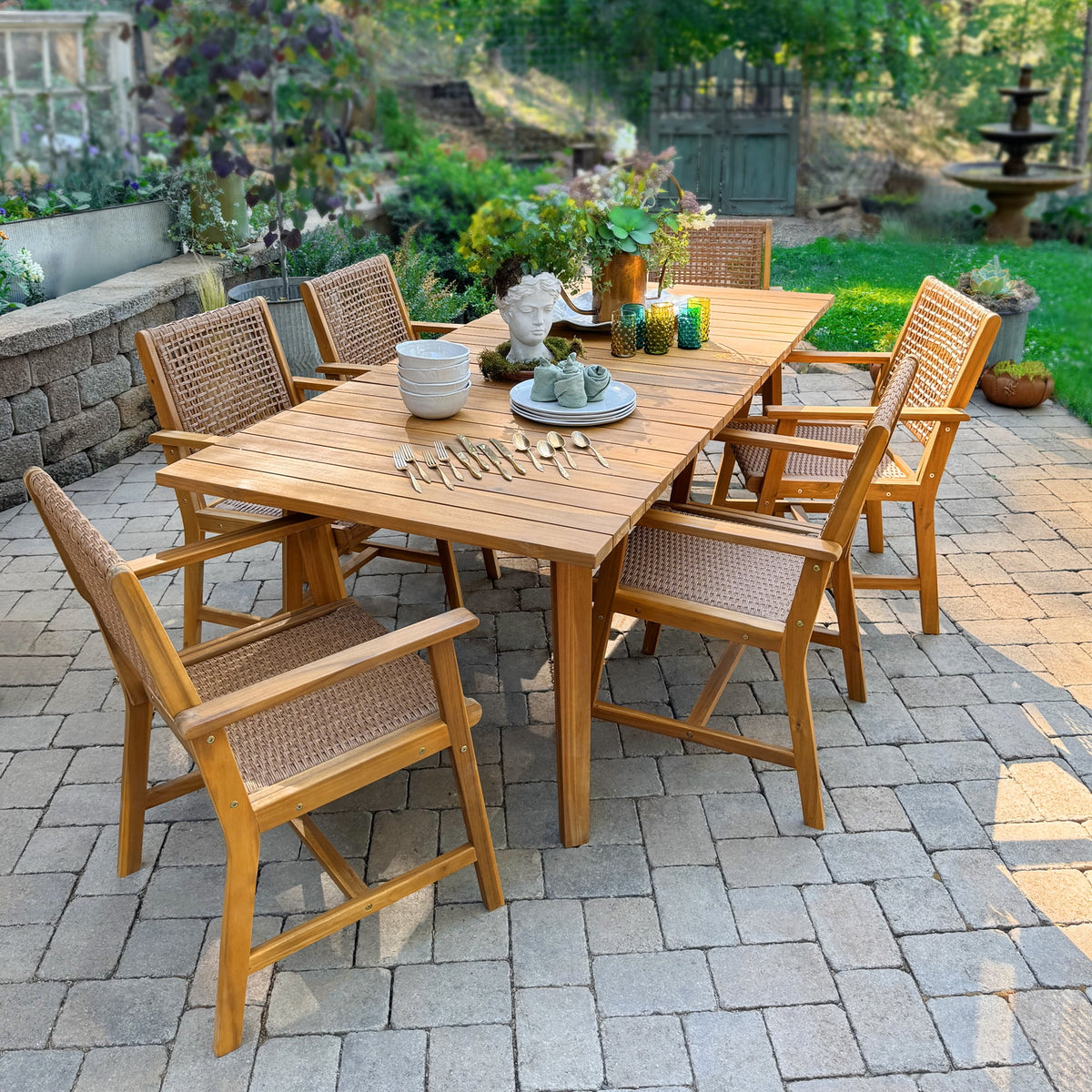 Sophia & William 7 Pieces Acacia Wood Outdoor Patio Dining Set Wicker Rattan Chairs and Rectangle Table Furniture Set for Lawn, Garden, Backyard